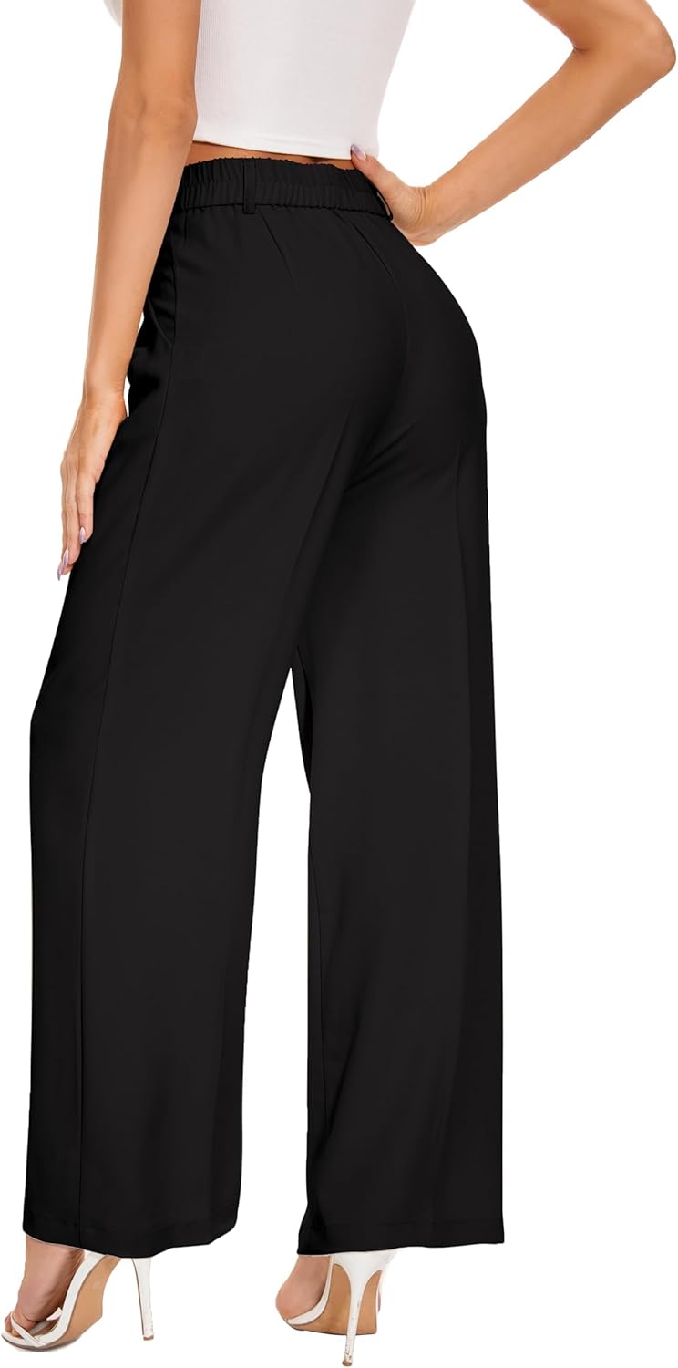 Women Office Wide Leg Dress Pants Elastic Waist Slacks 2026 Pleated Front Trousers for Work Casual