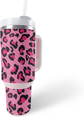 MightySkins - Skin de fibra de carbono compatible con Stanley The Quencher H2.0 FlowState vaso de 40 onzas, leopardo rosa, acabado de fibra de