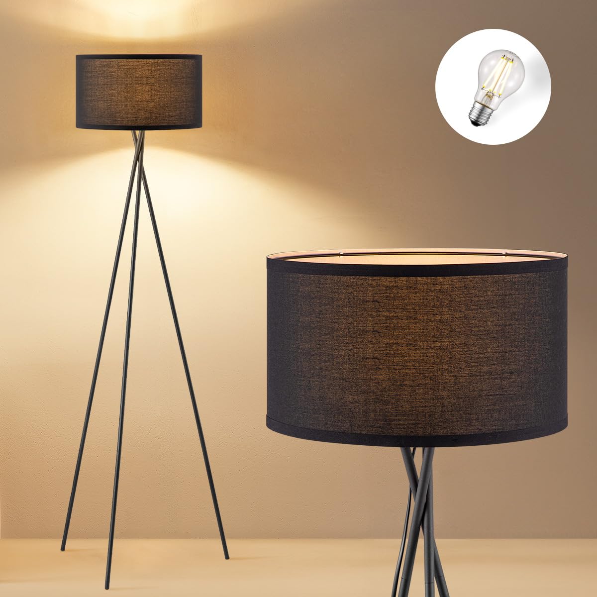 Home Sweet Home Lámpara de pie moderna de metal negro | 53/53/138cm｜con fuente de luz LED E27 4W 2700K | Lámpara de pie retro con trípode Con pantalla negra｜para dormitorio