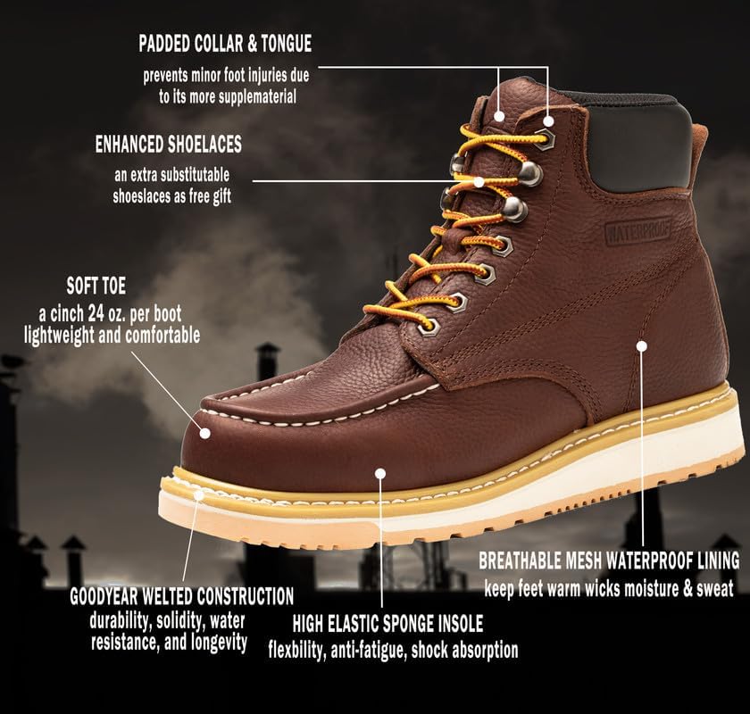 Work Boots for Men, 6" Soft Toe Wedge Sole Waterproof Safety Boots, Comfortable Construction Work Safety Shoes - Image 5
