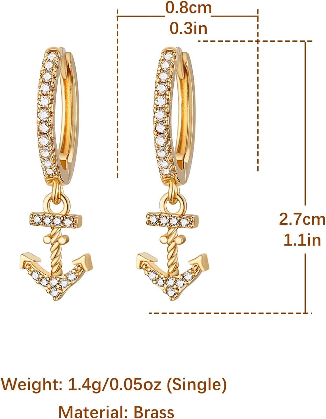 HZMAN Nautical Anchor Dangle Earring for Women 14K Gold Plated Dainty Cubic Zirconia Drop Earrings Jewelry Gift - Image 6
