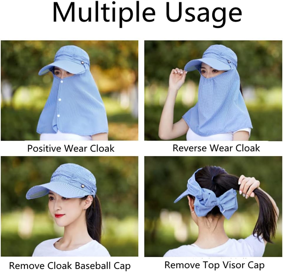 Womens Summer Wide Brim Sun Hat with Face Neck Cover Outdoor Cycling Fishing Beach Sunblock UV Protection Sunshade Visor Cap - Image 6