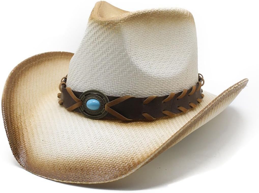 Western Cowboy Hat, White with Grey Trim, Leather Band with Turquoise Stone, Straw Woven