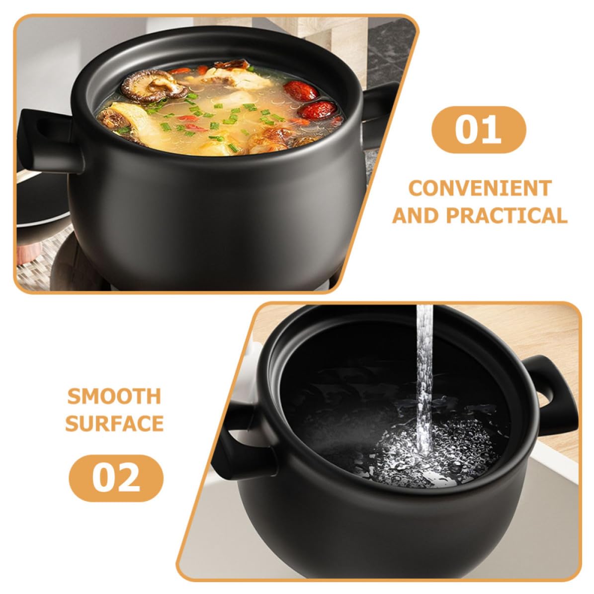 UKCOCO Großer Keramik Kochtopf 1,8l Schwarz mit Deckel Hitzebeständig und Leicht zu Reinigen für Gartenparty und Tägliches Kochen