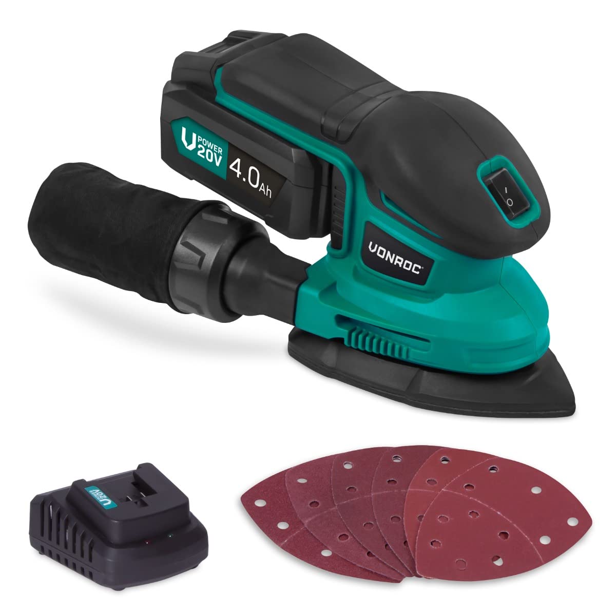 VONROC Ponceuse delta sans fil 20V – Patin triangulaire – Batterie 4.0Ah + chargeur inclus – Avec sac à poussière et 6 feuilles abrasives – Compacte et légère