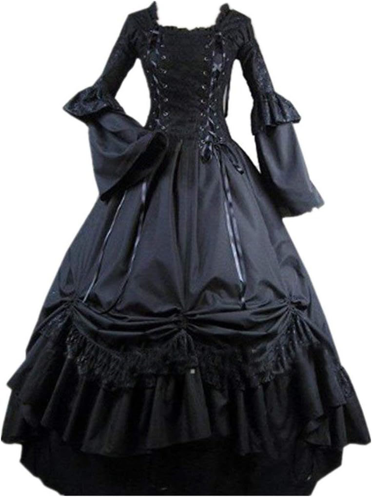 Loli Miss Womens Square Collar Lace Up Gothic Lolita Dress Ball Victorian Costume Dress S Black