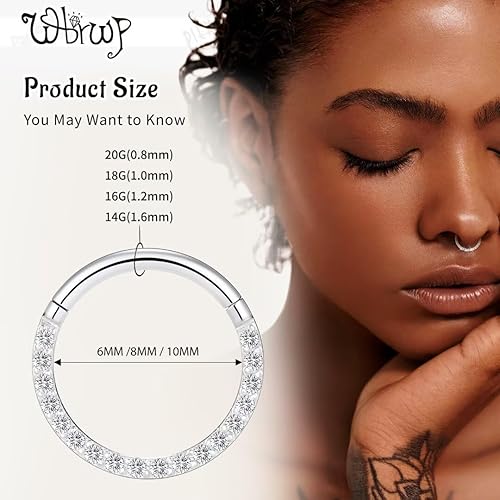 Miniatura 5 de WBRWP Piercing de acero inoxidable 316L con bisagras, aro para la nariz con circonitaópalo 14G 16G 18G 20g Anillo de perforación corporal Segmento