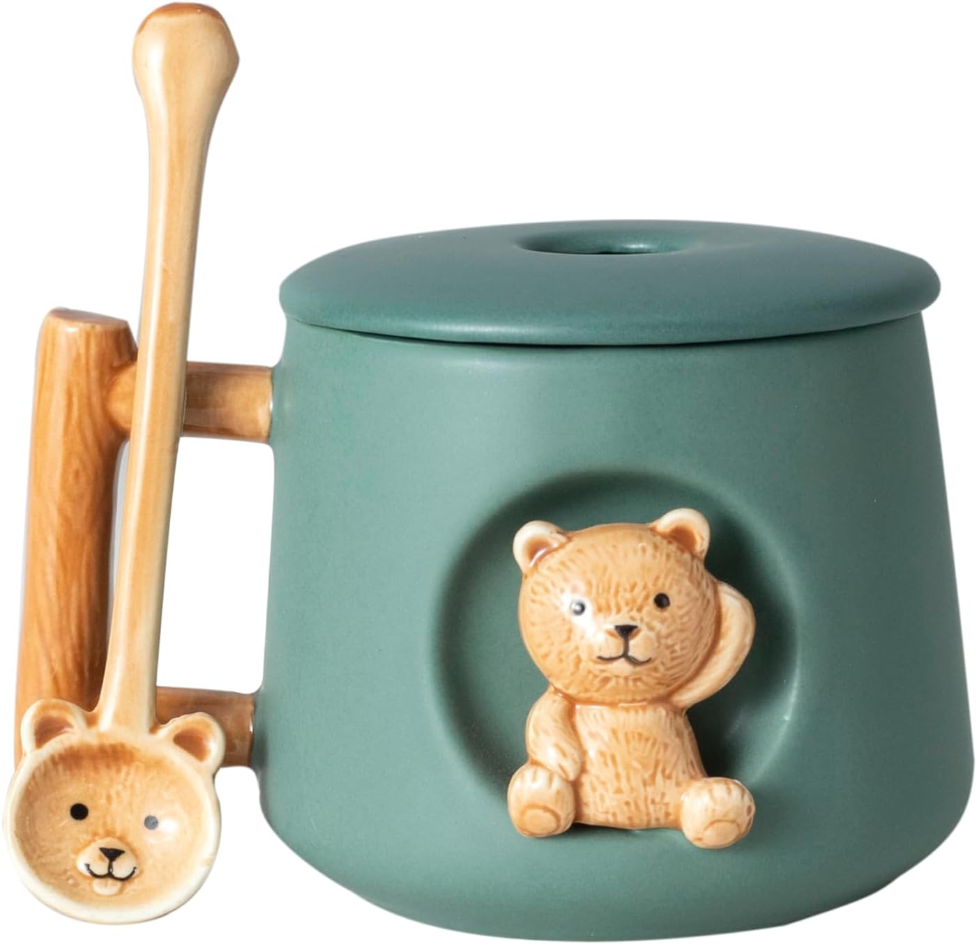DIHOclub Ceramic Coffee Mug with Lid and Matching Spoon,Novelty 3D Bear Pattern Mug 14 Ounces (Geeen)