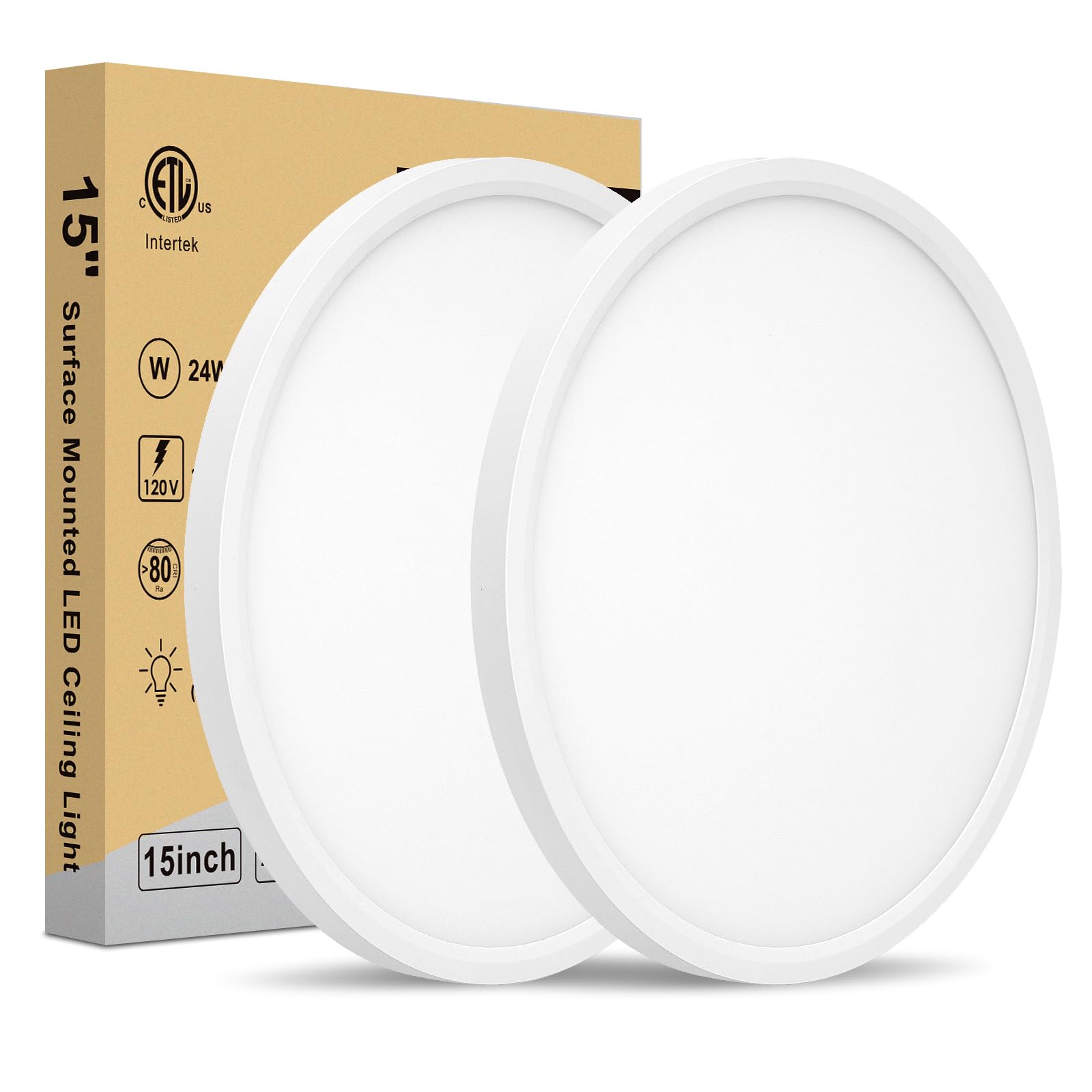 Wembanma 15 Inch LED Ceiling Light - Dimmable 2700-5000K 5CCT Selectable, 32W 3800LM, Round Flat Panel Low Profile Light Fixtures for Hallway, Kitchen, Bedroom, Laundry, 15 Inch 2Pack White — image 1