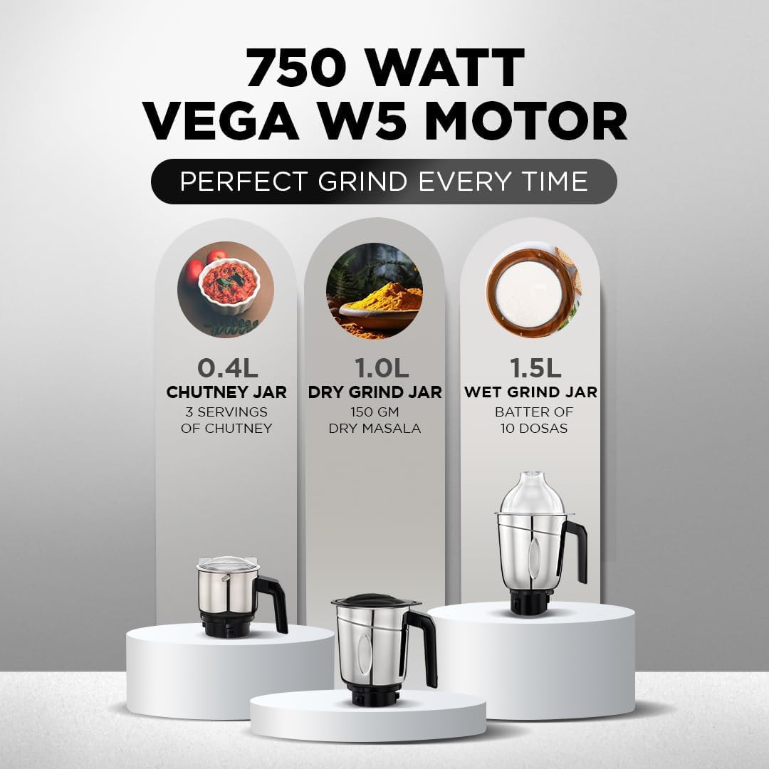 Preethi Galaxy Mixer Grinder (MG‑225) 750W VEGA W5 Motor 3 Stainless Steel Jars Turbo Grinding Performance Overload Protector Reset Shock‑Proof Body image 5