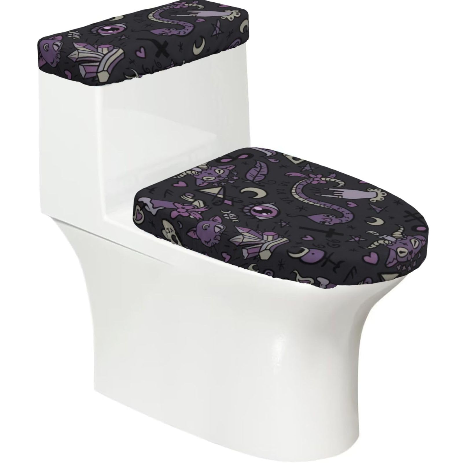 Purple Black Goth Spooky Print Stretch Toilet Covers Set, Polyester Covers Replacement For Fits Most Size Lids Bathroom Decor