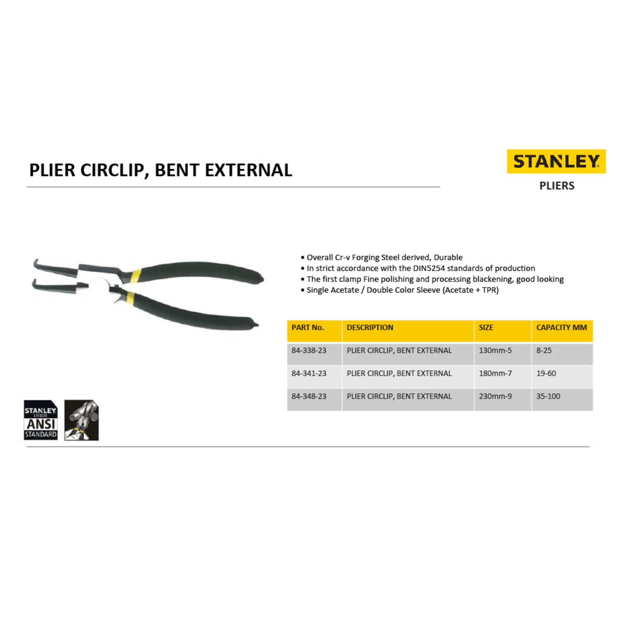 STANLEY 84-338-23 Circlip Pliers,Bent External-130mm/5'' 3