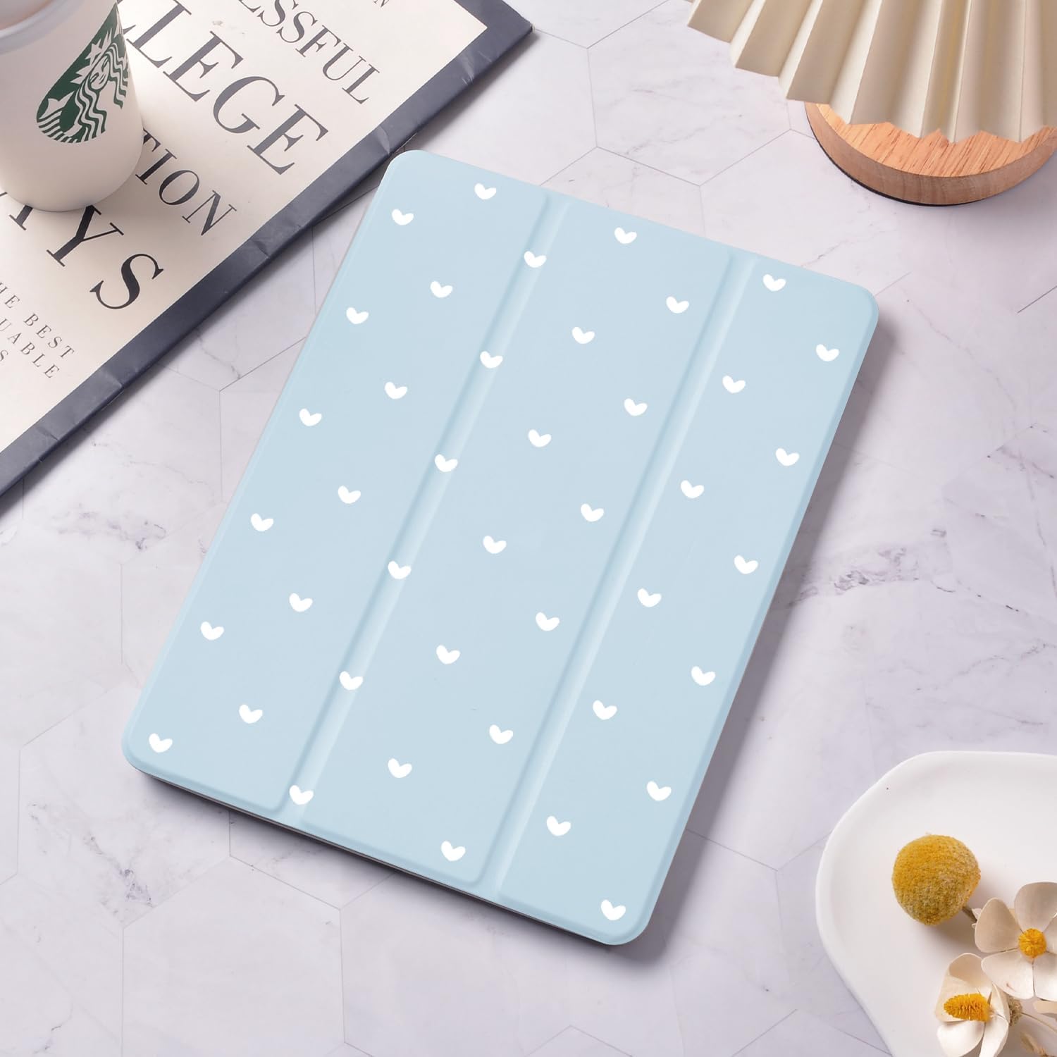 Cute Love Hearts Case for iPad (A16) 11th Generation 2025 11 Inch/iPad 10th Generation 2022 10.9 Inch Simple Aesthetic Girly Trifold Stand Blue Leather Cover Clear Back