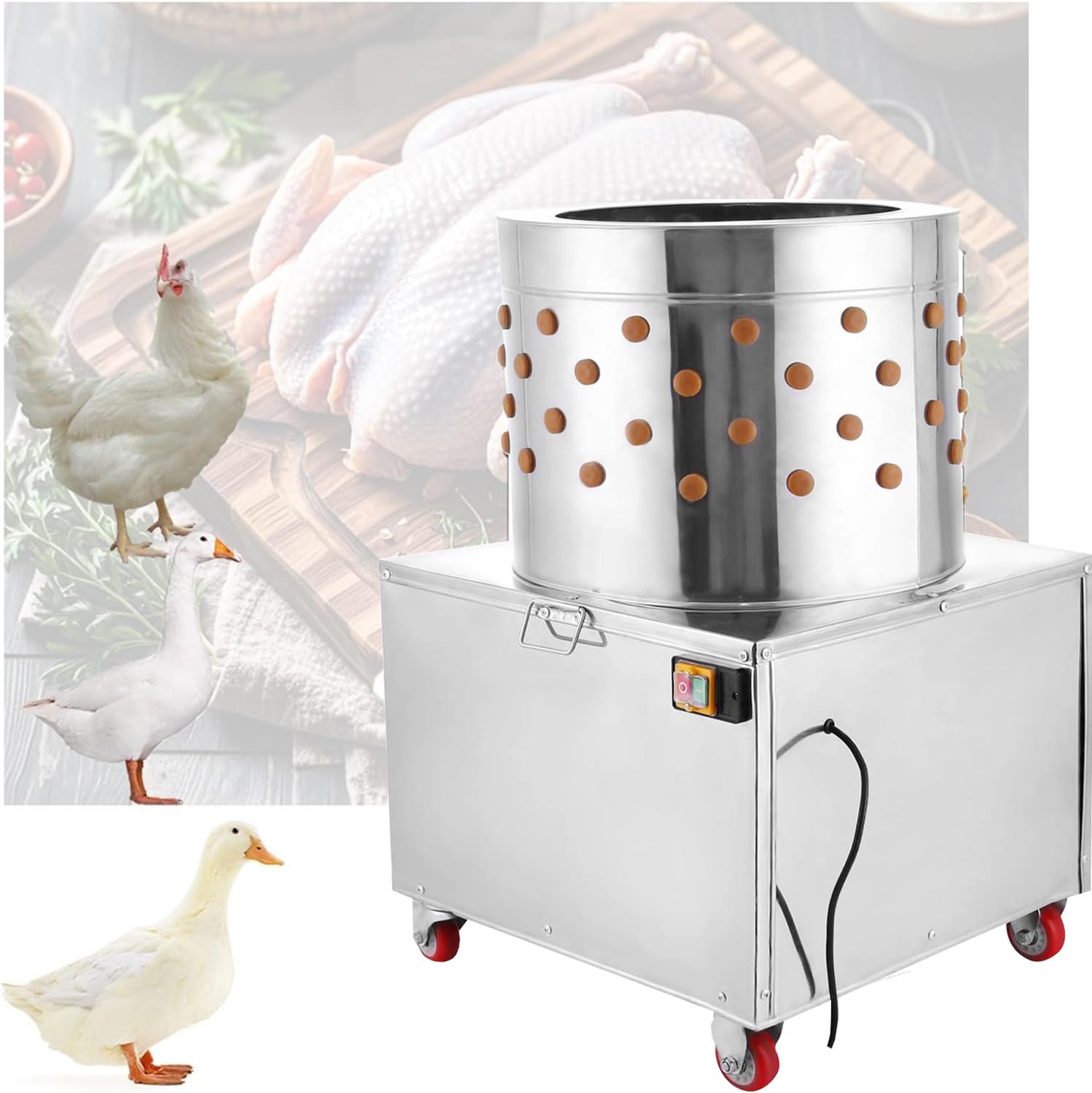Rupfmaschine für Geflügel aus Edelstahl, 1500 W Leistung, Ø50cm Trommel, Rupfmaschine Enten, Nassrupfmaschine, Kaltwasseranschluss, Auswurfrutsche, für 2-4 Hühner