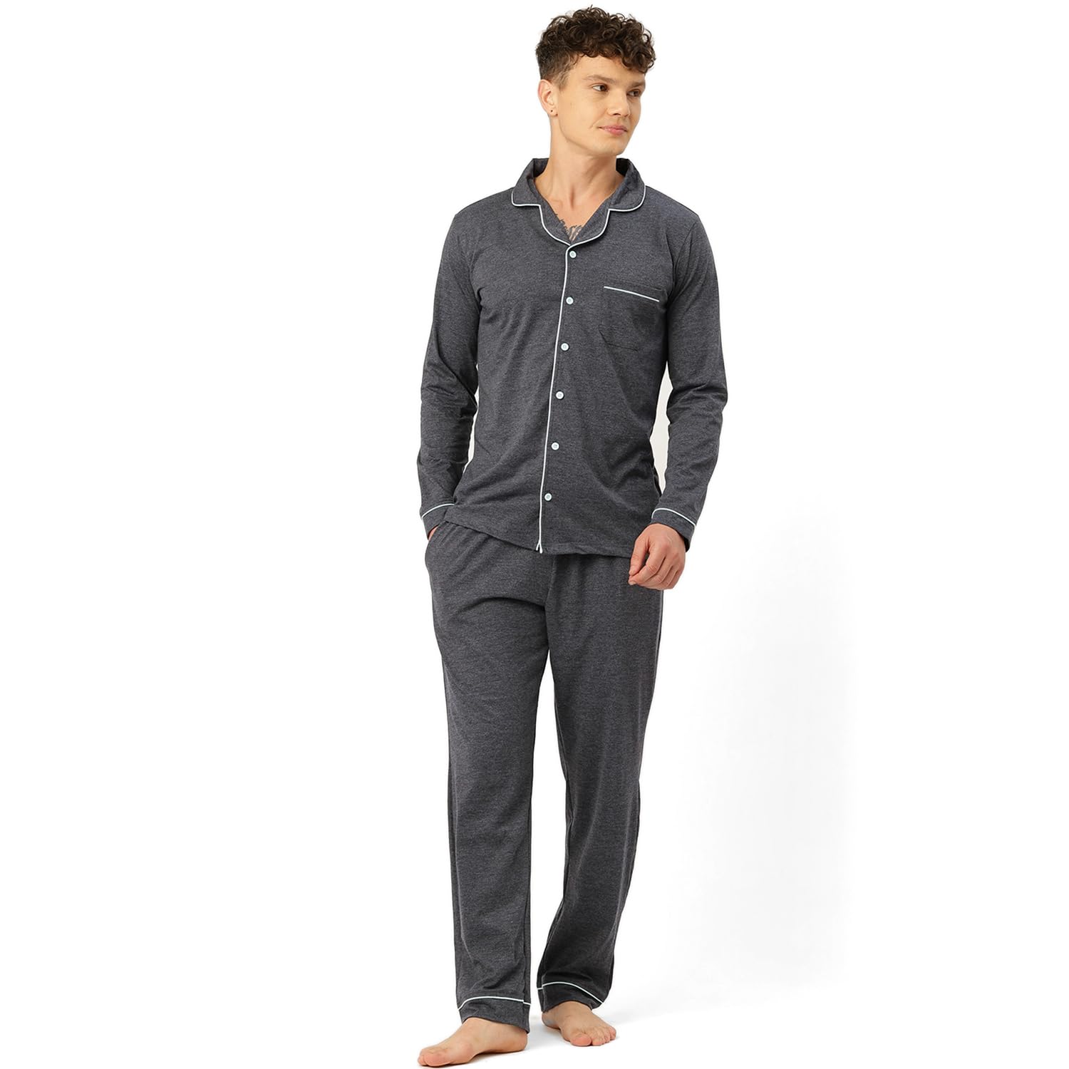 Charcoal Grey Printed Mens Cotton Nightwear-image-42