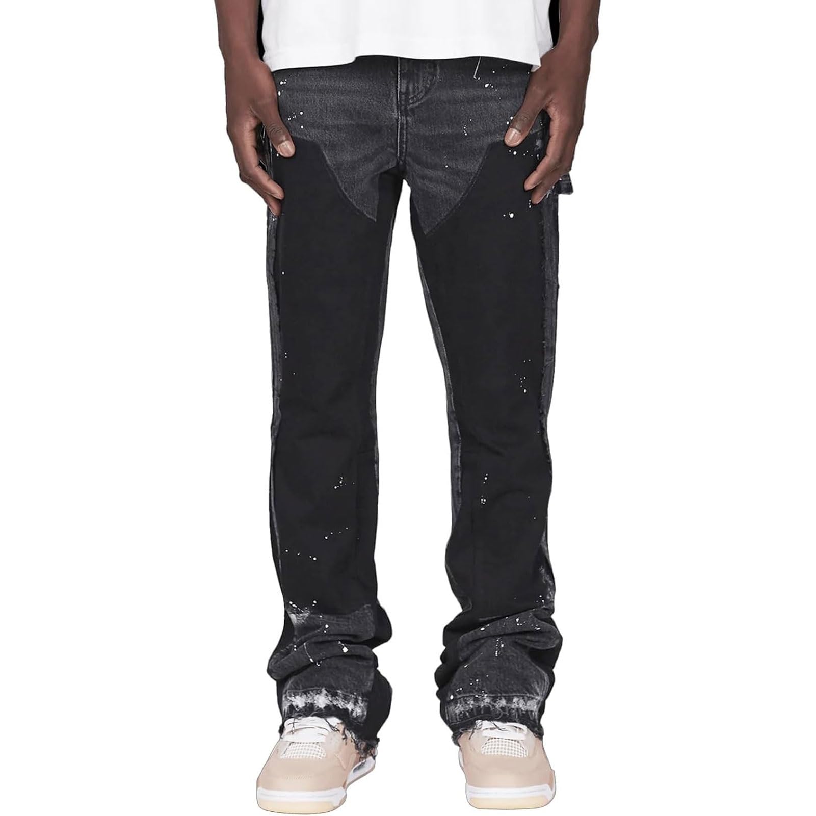 Flared Jeans Uomo, Pantaloni in Denim Streetwear Y2K con Disegno a Spruzzo d'inchiostro, Patchwork e Tasche, Pantaloni per Il Tempo Libero Bootcut Baggy in Stile Cowboy Hip Hop(Grey,M)