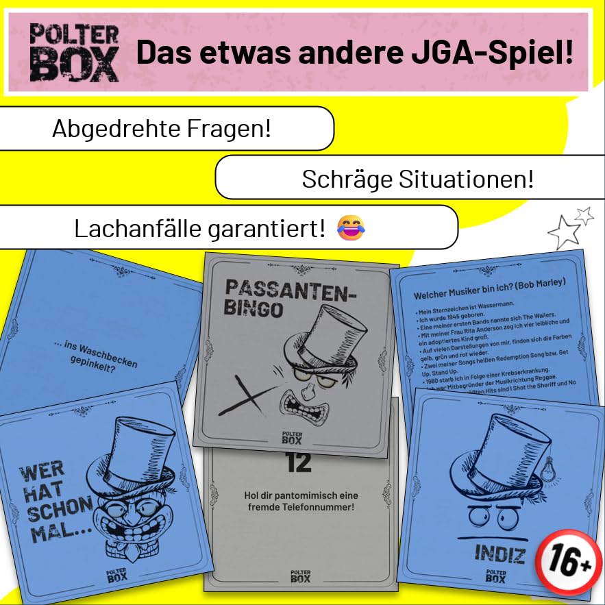 JGA PolterBox Deluxe – Komplettset mit 11 Partyspielen für Junggesellinnenabschied, 4–20 Spielerinnen – All-in-One JGA Partybox für Polterabend, Aufgaben & Gruppen-Challenges (Girls Edition)