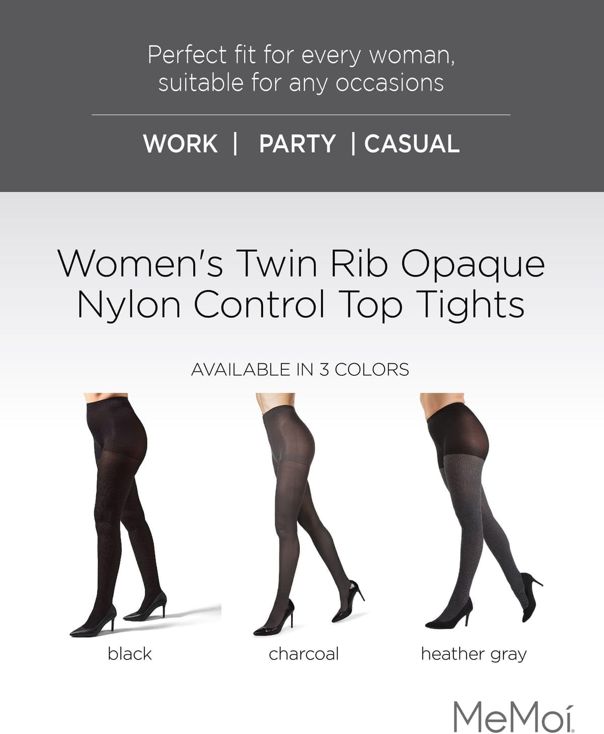 MeMoi Women's Twin Rib Opaque Nylon Control Top Tights - Image 2