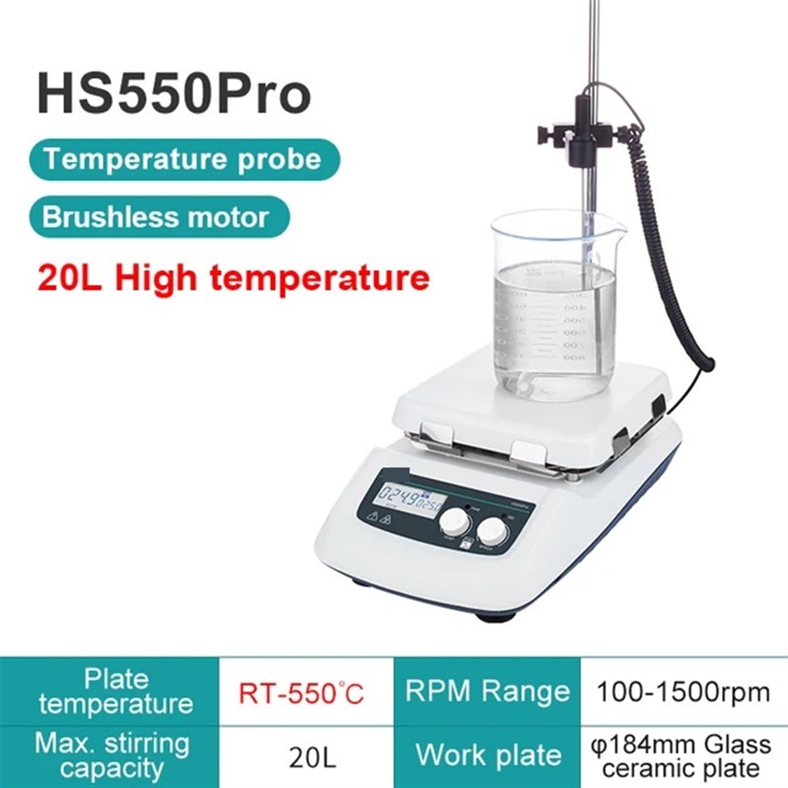 Mieszadło laboratoryjne, Mieszadło magnetyczne z cyfrowym wyświetlaczem grzewczym, termostatyczne, laboratoryjne, płyta grzewcza, mieszadło 20 l(HS550Pro(20L LCD))