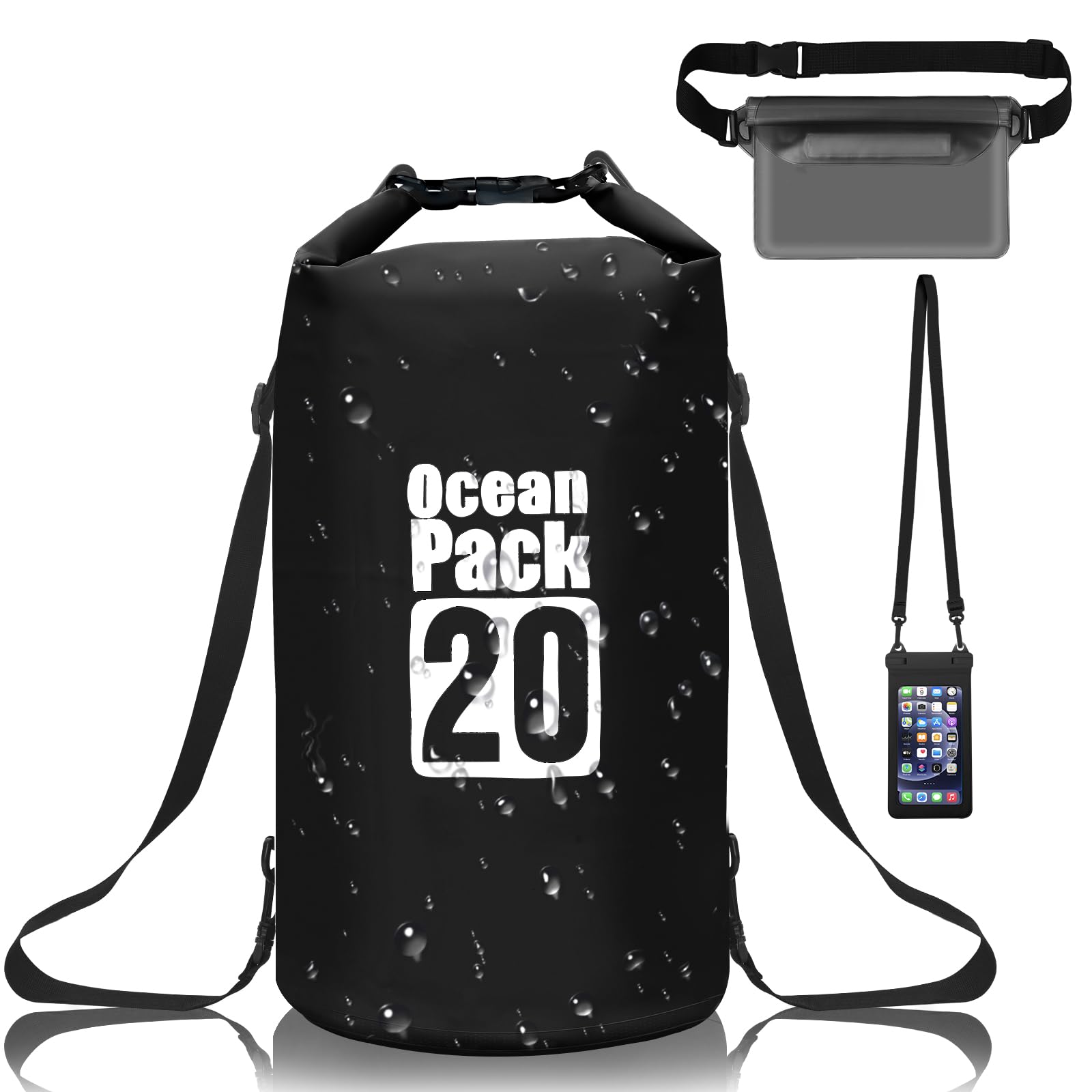 Gucass Dry Bag, 20 L Worek wodoszczelny Wodoszczelna torba regulowanym pasek na ramię, na Telefon Komórkowy, Regulowany Pasek na Ramię, na kemping, rafting, pływanie, surfowanie, Czarny