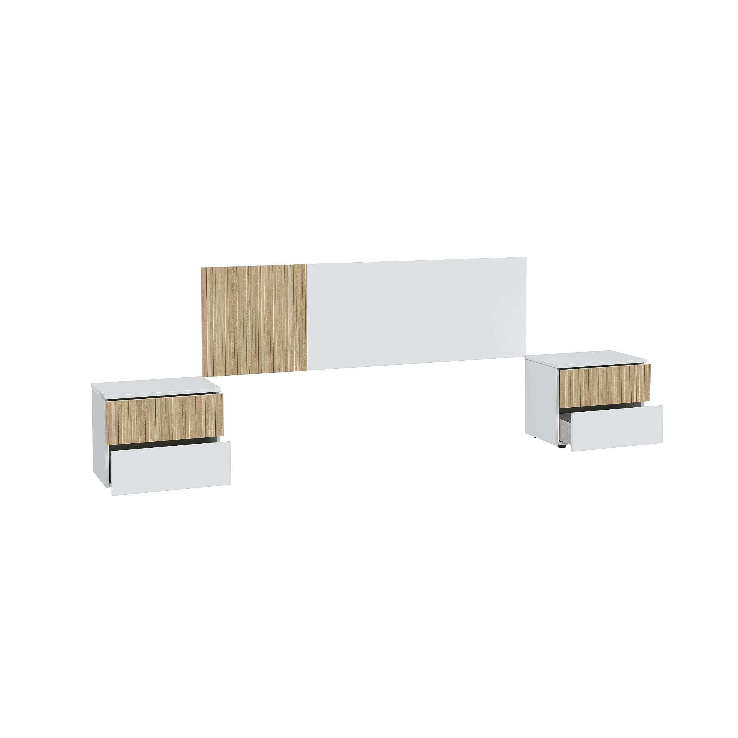 Mobelcenter, Cabezal y mesitas Dormitorio, Cabecero y Mesitas Ethna, Conjunto Cabecero y Mesitas, Blanco Artik y Natur.