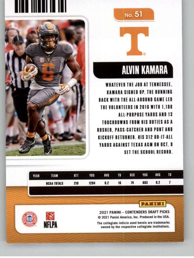 2021 Panini Contenders Draft Season Ticket #51 Alvin Kamara Tennessee Volunteers Football Trading Card