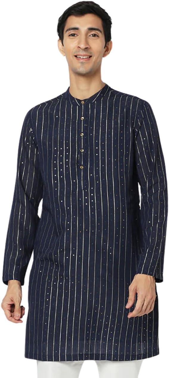 In-Sattva Men's Vertical Pleat Embroidered Banded Collar and Placket Kurta Tunic