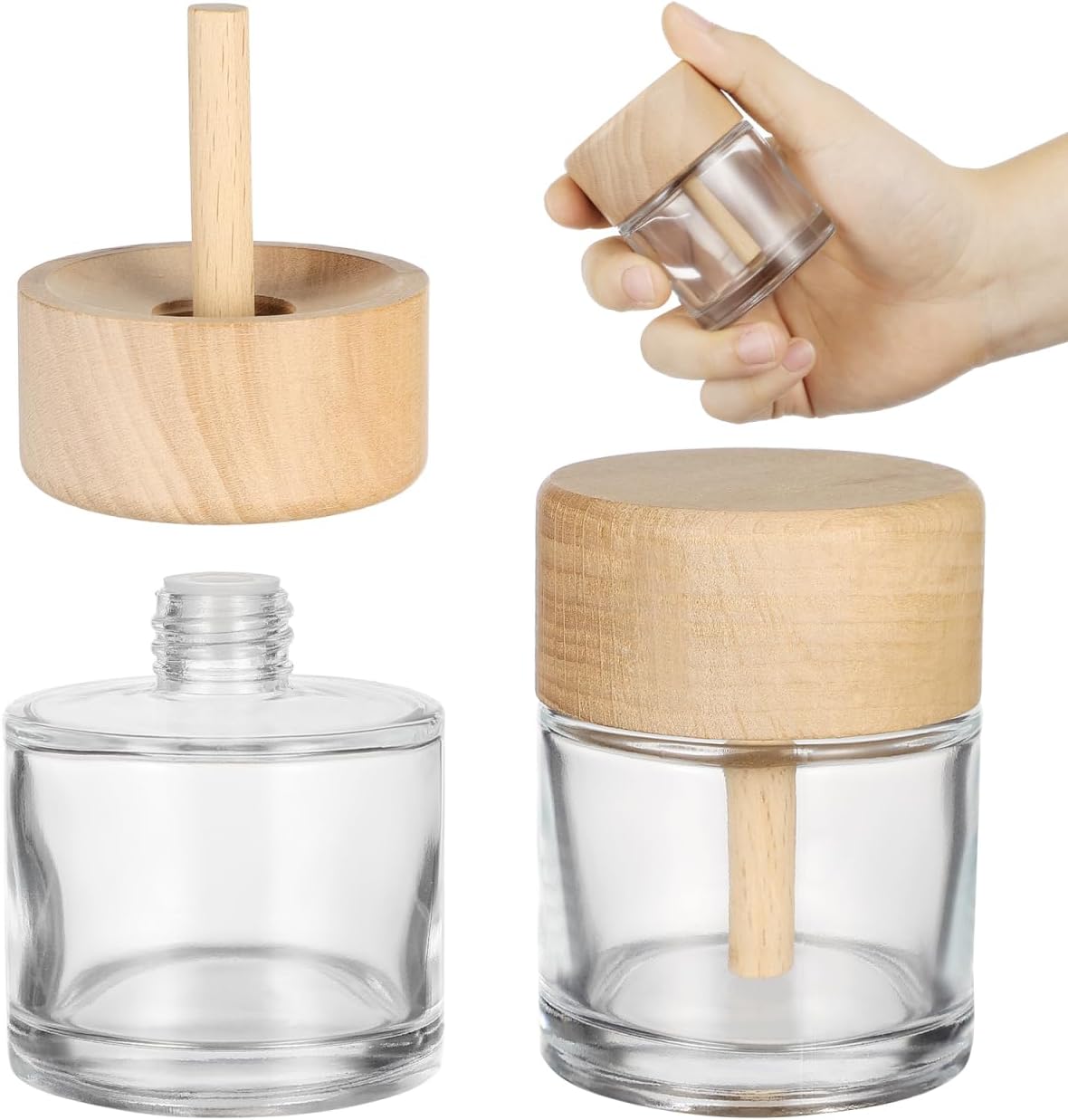 KALLORY 2-Pack Clear Glass Reed Diffuser Bottles 50Ml Refillable Aromatherapy Containers with Wooden Caps for Essential Oil Home Fragrance and Diy Scent Decoration