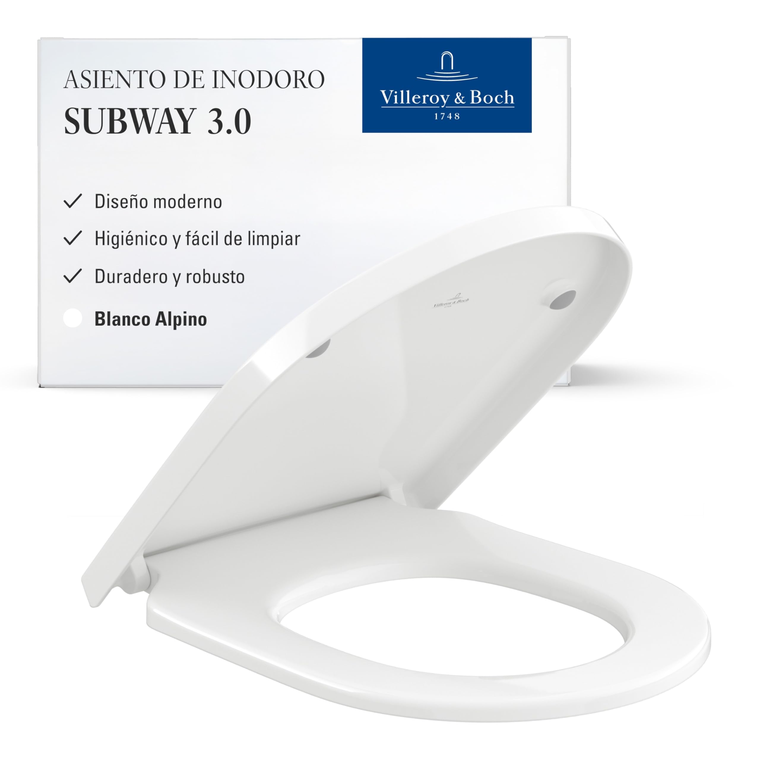 Villeroy & Boch Subway 3.0 asiento WC, forma en D –Blanco Alpino, brillo | Con bisagras de acero inoxidable, de Duroplast antirroturas, repuesto original, 8M426101