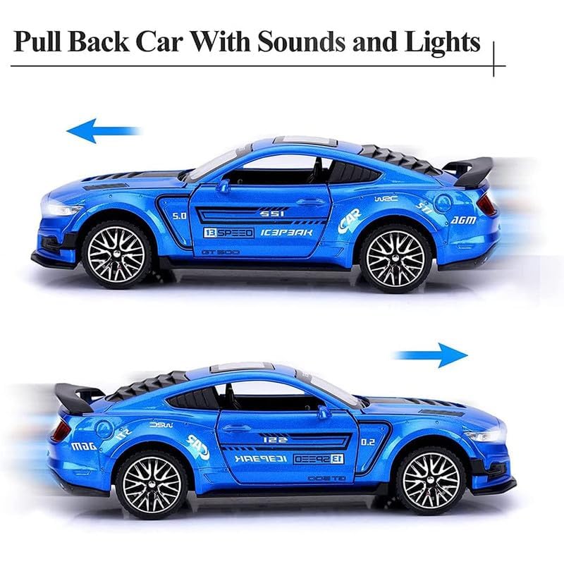 Image of Kids Model 1:32 Mastang Die Cast Metal Car Pull Back Action Opening Doors with Realistic Engine Sound Lights Toy Car Gift for Boys - Blue