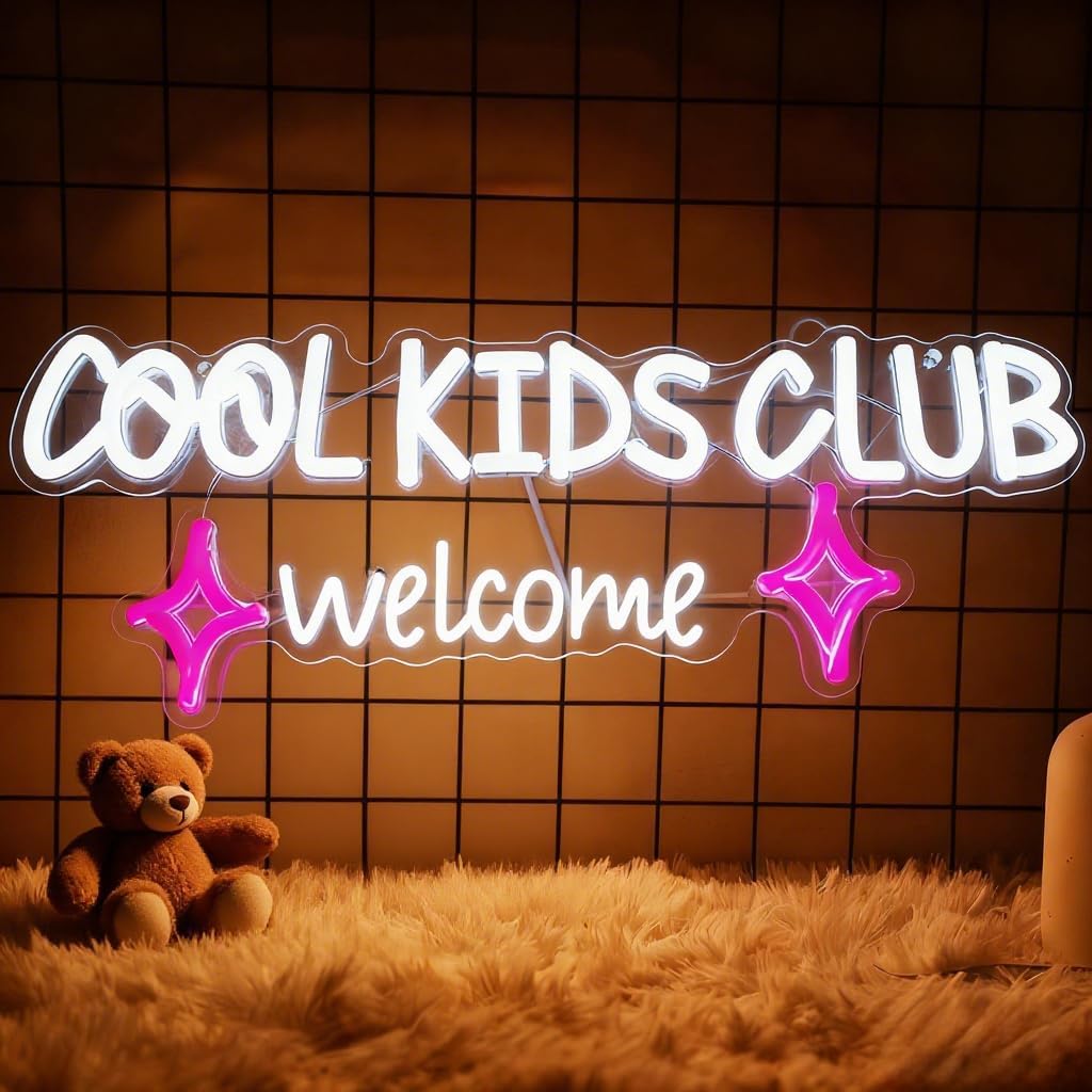 Cool Kids Club Welcome Neon Signs, Neon Sign with Switch for Wall Decor, USB Dimmable Neon Lights Colorful LED Signs for Home Club Party Christmas Decoration 15.35 x 5.91"