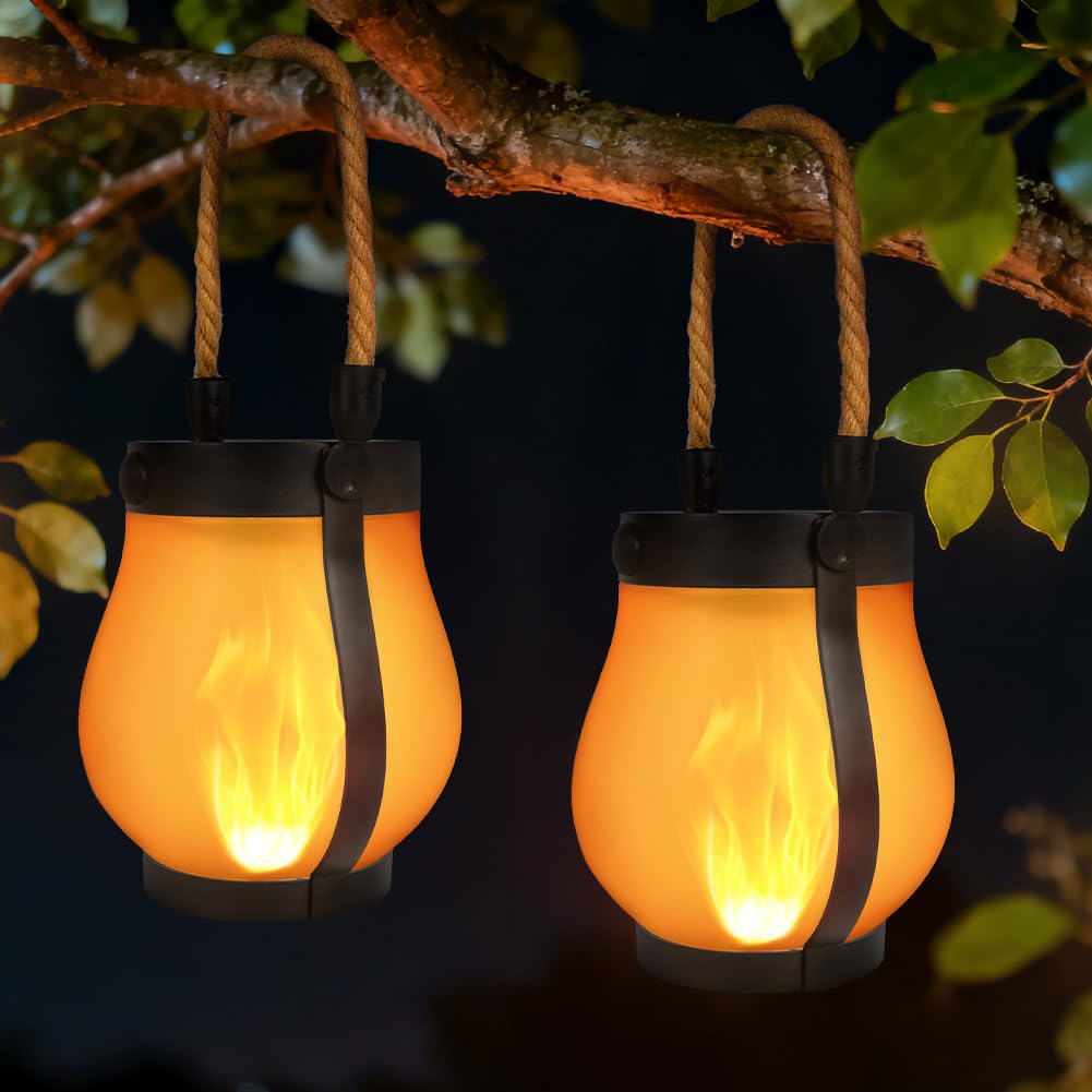 Farolillos Solares llama Exterior, Exterior Retro con Efecto Llama Luces de Camping para Patio/Césped/Pasillo/Jardín/Terraza/Balcón/Porche/Camping, Lámpara Decorativa 2pcs