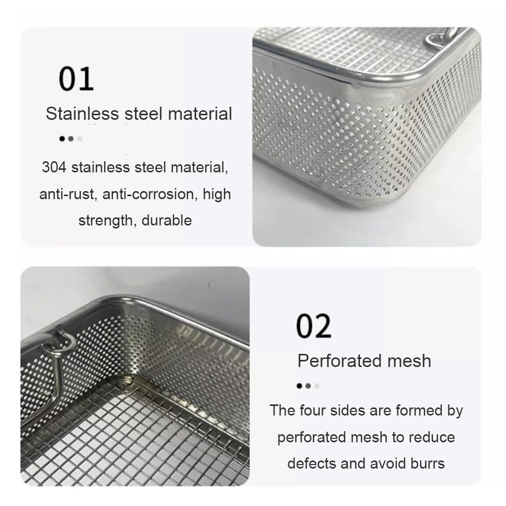 Cesta de esterilización de acero inoxidable 304 para instrumentos médicos y dentales, desinfección duradera para suministros de limpieza, 40 x 25 x 7 cm