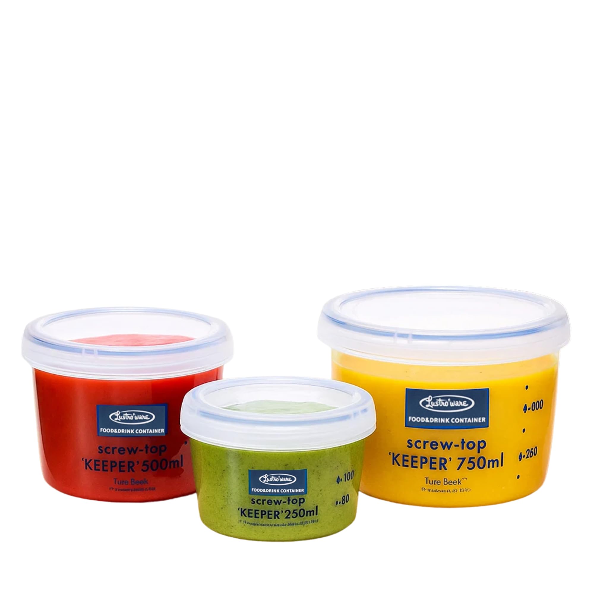LustrowareLSX 218 Screw Top Keeper Round Food Container with Calibration 3-Piece B-2270/2271/2272AA Nesting Set, 8.5/17/25-Ounce, Blue