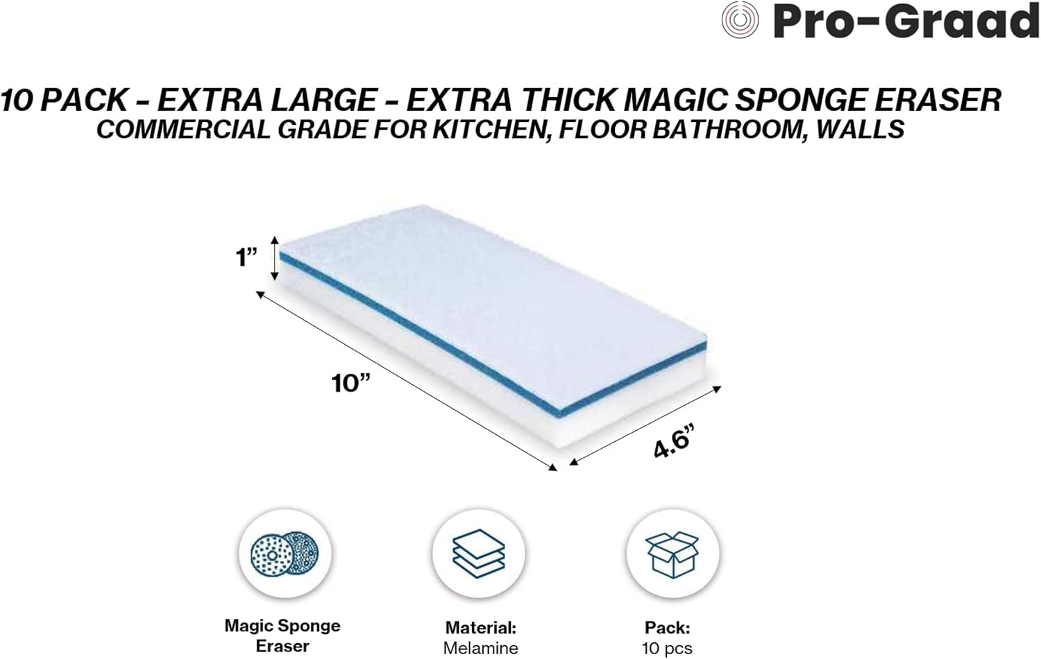4610 Eraser Pads - 10 Pack 4.5" x 10" x 1" Commercial Grade Melamine Sponges for Floor, Tile, Grout, Baseboard, Walls-Durable & Versatile Cleaning - Pack of 10