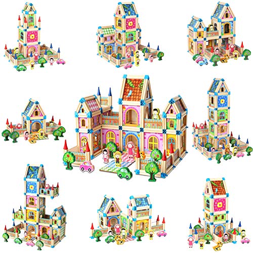 Wooden Building Blocks Set for Kids Toys, Construction Toy and Minifigures, Castle and Farm Building Set, Great Gift for Players Aged 3 and up, New 2020 (268 Pieces)