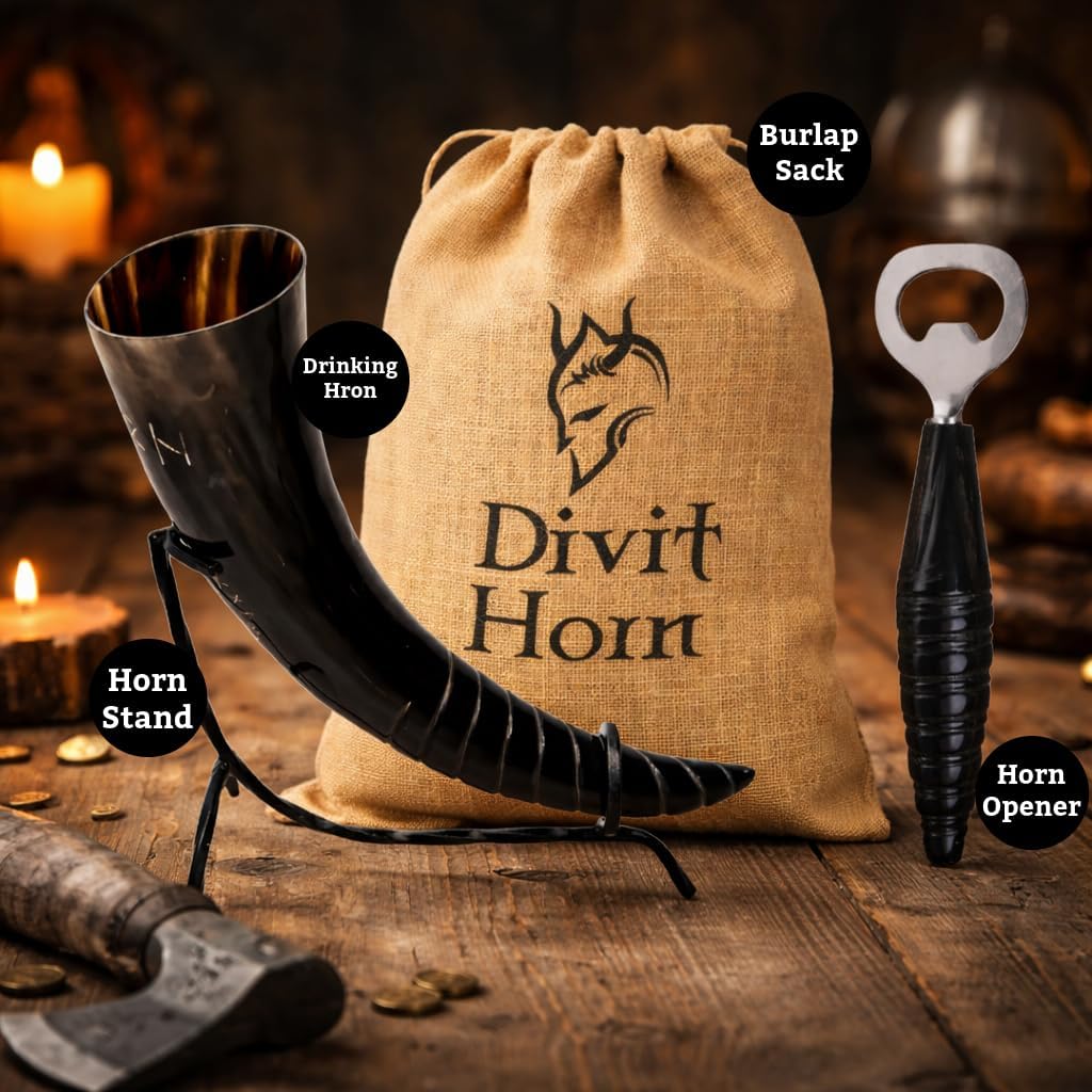 Divit Genuine Viking Drinking Horn with Iron stand | Authentic Medieval Beer Drinking Horn | Brass Adornments & Burlap Gift Sack Included | 16 oz capacity (Rune Horn & Swirl Horn Opener)