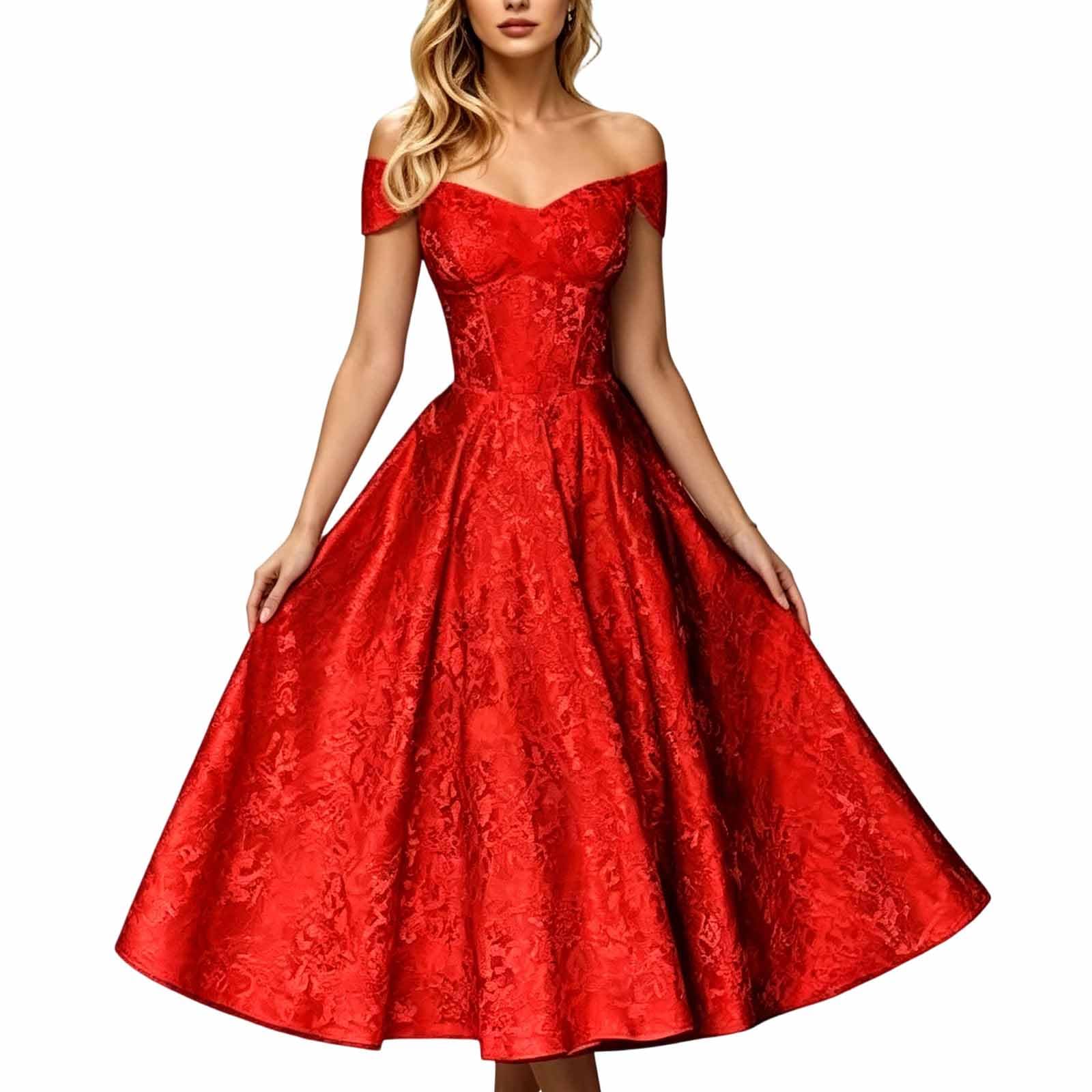 Vestito Sfilata Jacquard Spalla Nuda Lunghezza Tea A-Line