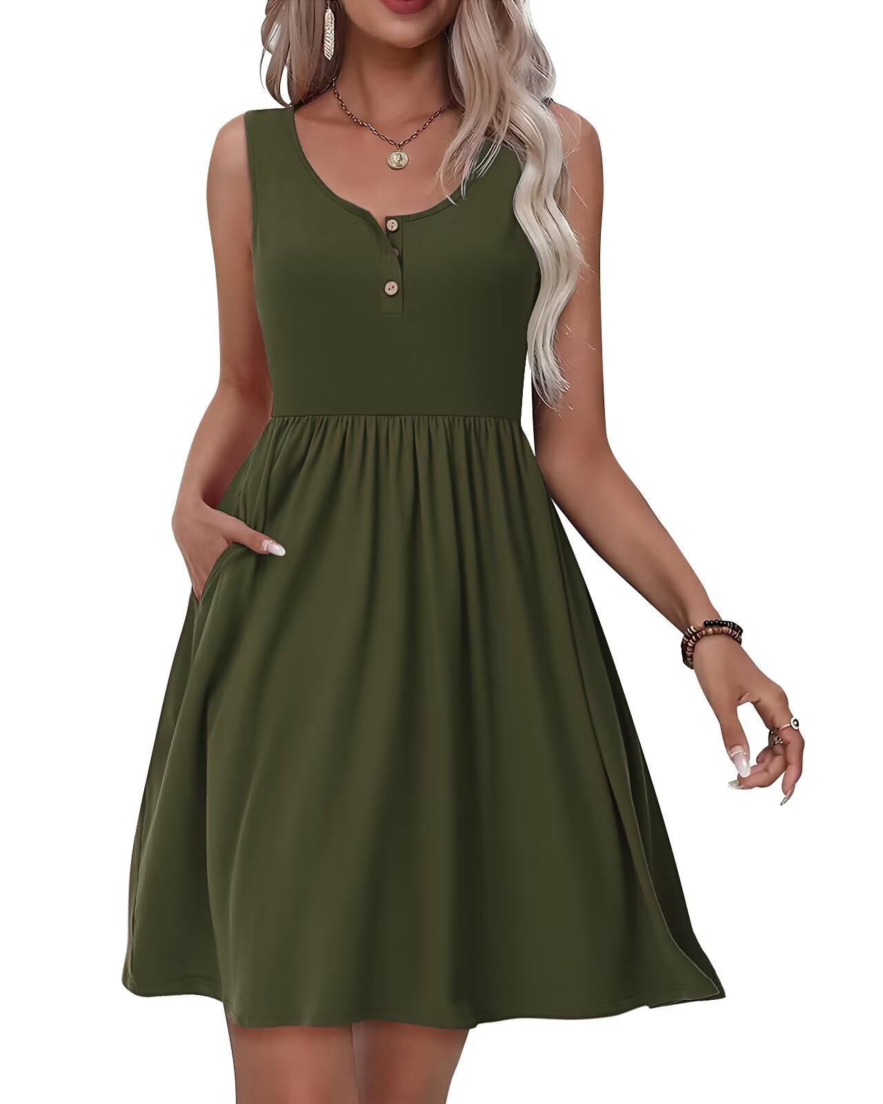 Tanmolo Kleid Damen Sommer Knielang Freizeitkleider Knopf Tank Kleid Mit Taschen Elastic Dress