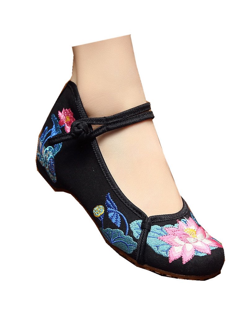 Tianrui Crown Chinese Embroidery Lotus Oxfords Sole Girls Mary Jane Plarform Shoes Black