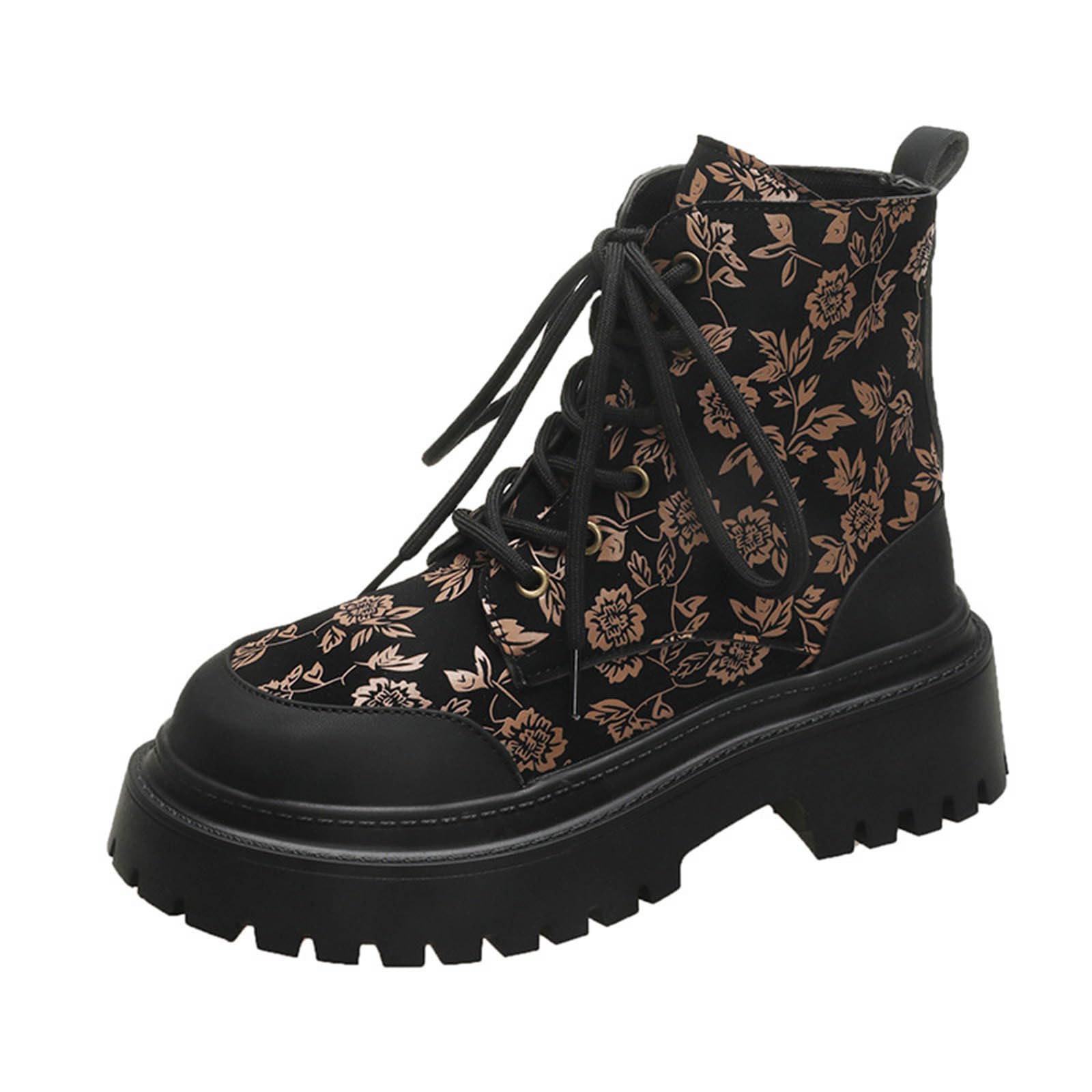 Womens Floral Combat Ankle Boots Retro Flower Print Lace Up Side Zip Flat Platform Cowgirl Boot Gothic Boho