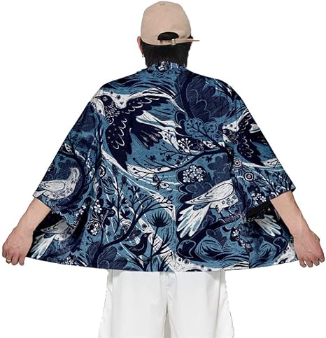 Amazon Co Jp メンズ着物風カーディガン 和風着物ジャケット和風ゆかたローブパジャマメンズラージサイズビーチシャツ Blue M 服 ファッション小物