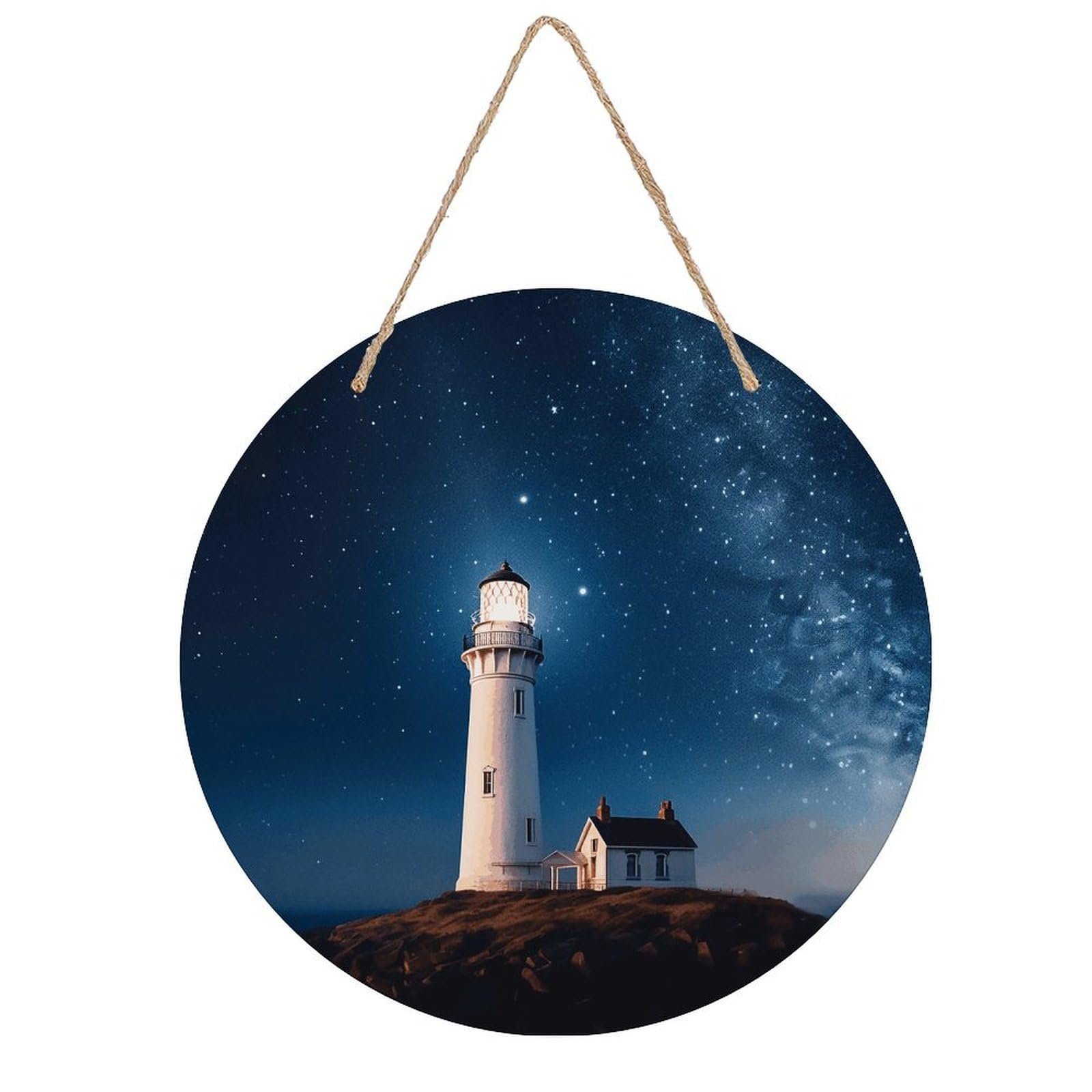 LZQPOEAS Lighthouse Under Starry Night Sky Round Wood Wall Art Painting, 7.9 Inch Circular Wooden Door Hanger Decorative Paintings, Rope-Hanging Wooden Wall Plaque for Home Decor And Office Party