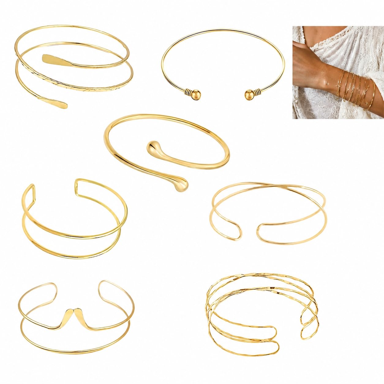 Eowppue Eowppue Pulseras Mujer Doradas 7 Unidades, brazaletes Abiertos Elegantes, tamaño Ajustable 8 cm, Accesorios Moda para Fiesta y Diario