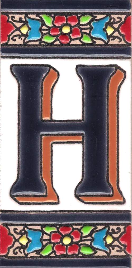TORO DEL ORO House Numbers & Letters on Enamel Ceramic Tile Hand Painted Technical Dry Rope Names & Address Design Medium Flower 5.5 x 10.5 cm (Letter "H")