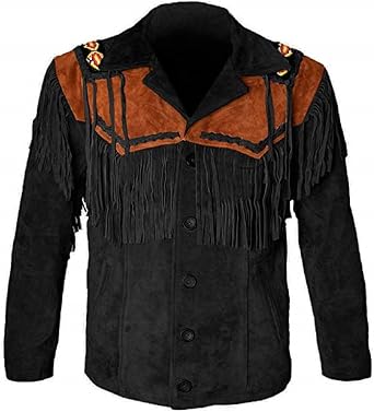 LEATHERAY Western Leather Jackets for Men Cowboy Leather Jacket and Fringe Beaded Coat Suede Leather shirt Black 3XL