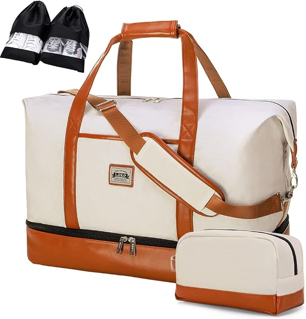Lekesky Overnight Bag for Women Weekend Bag with Shoes Bags & Toiletry Bag & Shoes Compartment Weekender Bag Trave Duffle Bag,Beige 50L