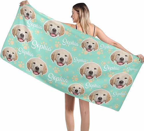 Miniatura 7 de MyPupSocks Toalla de playa personalizada, cara de perro y nombre, toalla de playa personalizada con nombres, huesos y patas, personalizable con tu