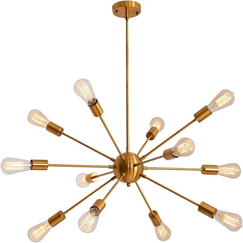 Sputnik Chandeliers 12 Lights Modern Pendant Lighting Industrial Vintage Ceiling Light Fixture, Brass, Dining Room Bedroom Living Room Kitchen