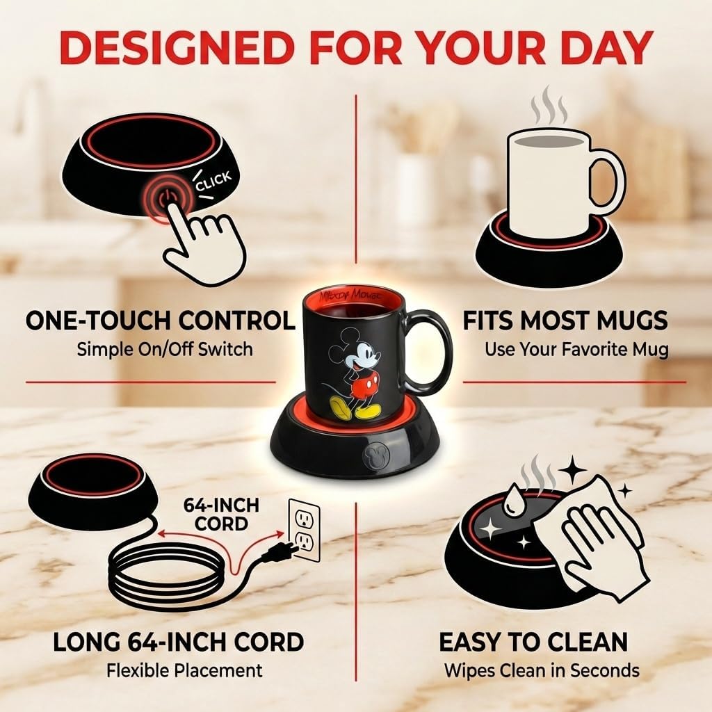 Disney Mickey Mouse Mug Warmer with 12 oz Mug by Select Brands - Coffee Cup Warmer with Ceramic Mug Included - Electric Warmer Plate for Home & Office - Disney Kitchen Accessories - Mickey Mouse